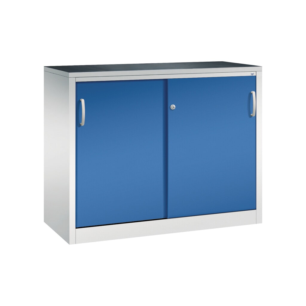 Produktabbildung: C+P Schwerlast-Schiebetürenschrank, HxBxT 1.000 x 1.200 x 500 mm, 1 Fachboden, lichtgrau, enzianblau