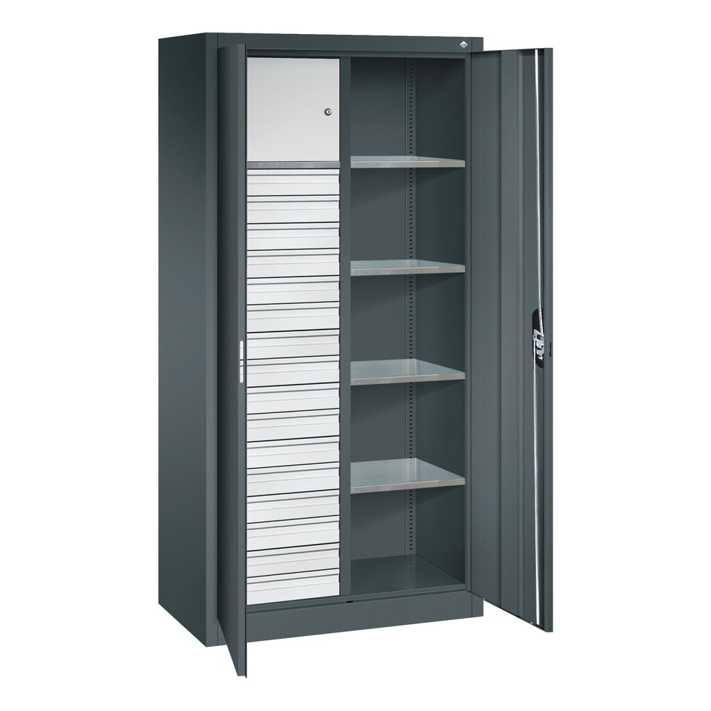 C+P Schwerlastschrank mit 4 Fachböden, HxBxT 1.950 x 930 x 500 mm, lichtgrau, rubinrot Produktabbildung Nr. 5: C+P Schwerlastschrank mit 4 Fachböden, HxBxT 1.950 x 930 x 500 mm, lichtgrau, rubinrot