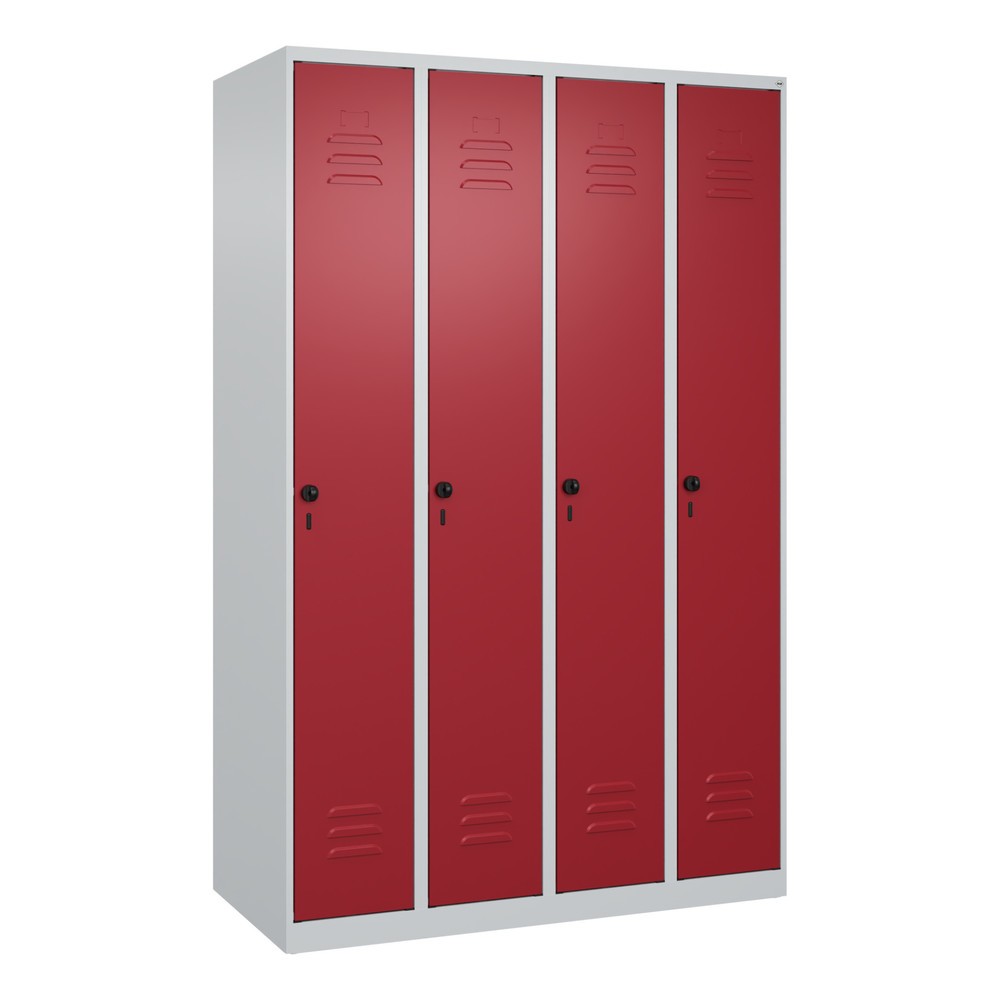 Produktabbildung: C+P Spind Classic PLUS, 4 Abteile, HxBxT 1.850 x 1.200 x 500 mm, lichtgrau, rubinrot, für Vorhängeschloss, mit Mitteltrennwand