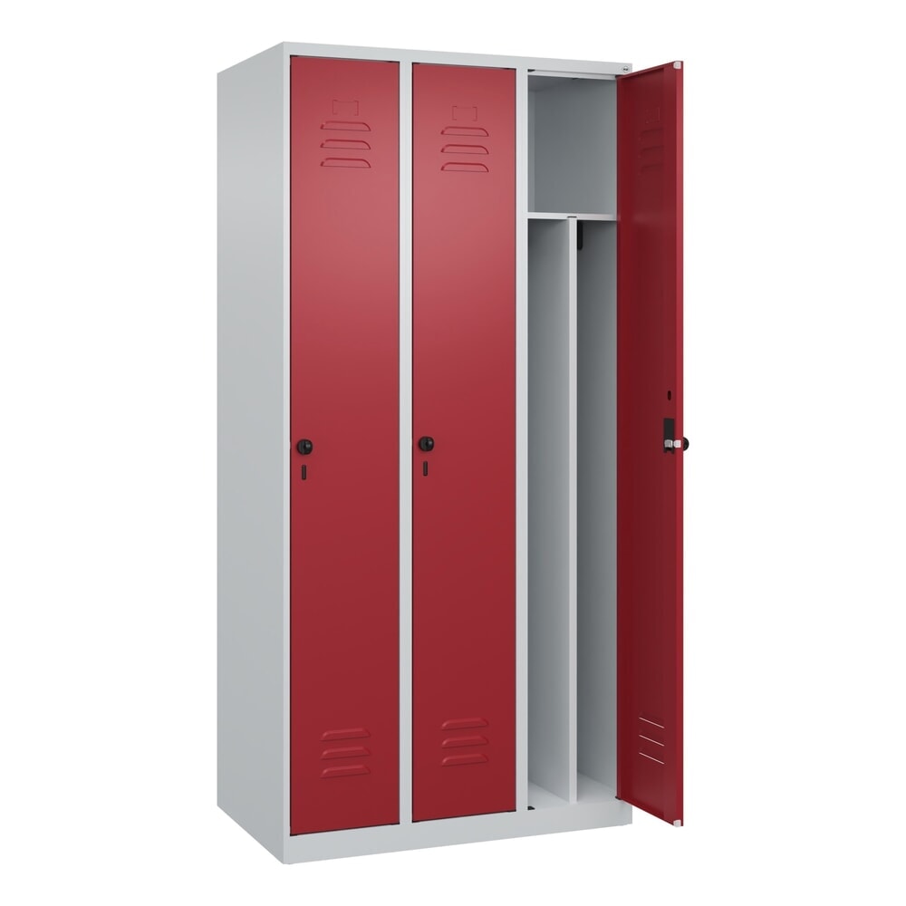 Produktabbildung Nr. 1: C+P Spind Classic PLUS, 3 Abteile, HxBxT 1.850 x 900 x 500 mm, lichtgrau, rubinrot, für Vorhängeschloss, mit Mitteltrennwand