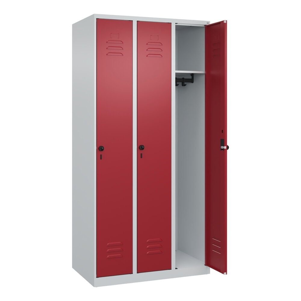 Produktabbildung: C+P Spind Classic PLUS, 3 Abteile, HxBxT 1.850 x 900 x 500 mm, lichtgrau, rubinrot, für Vorhängeschloss, ohne Mitteltrennwand