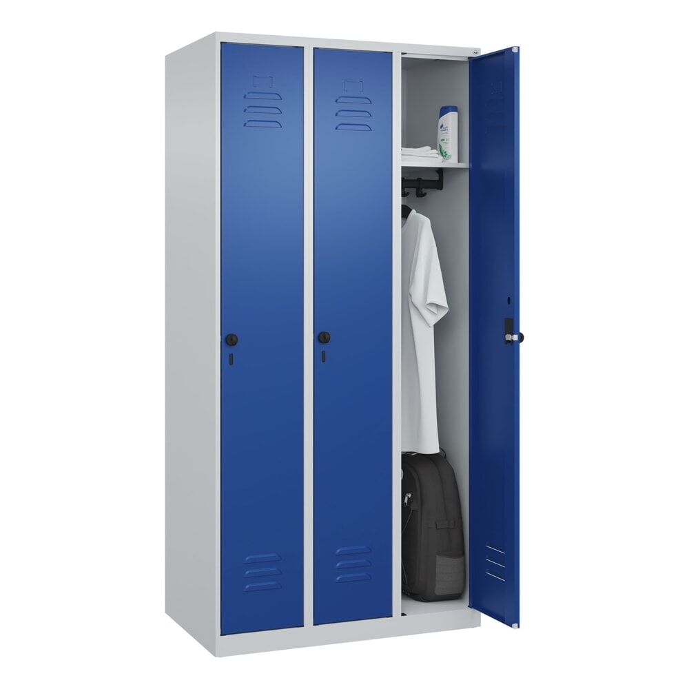 Produktabbildung Nr. 10: C+P Spind Classic PLUS, 3 Abteile, HxBxT 1.850 x 900 x 500 mm, lichtgrau, enzianblau, für Vorhängeschloss, ohne Mitteltrennwand