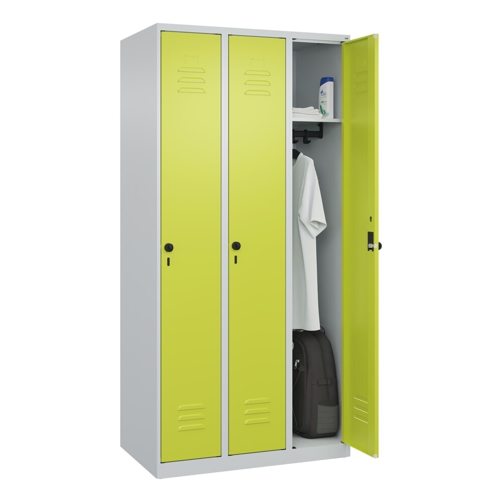 Produktabbildung Nr. 10: C+P Spind Classic PLUS, 3 Abteile, HxBxT 1.850 x 900 x 500 mm, lichtgrau, clowngrün, für Vorhängeschloss, ohne Mitteltrennwand
