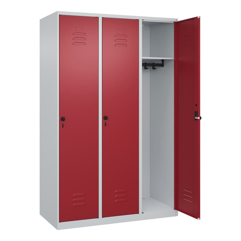 Produktabbildung: C+P Spind Classic PLUS, 3 Abteile, HxBxT 1.850 x 1.200 x 500 mm, lichtgrau, rubinrot, für Vorhängeschloss, ohne Mitteltrennwand