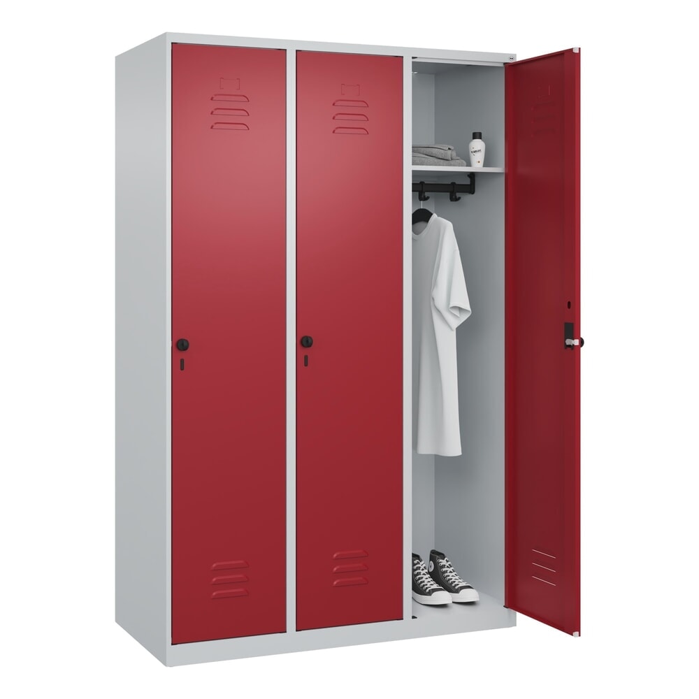 Produktabbildung Nr. 10: C+P Spind Classic PLUS, 3 Abteile, HxBxT 1.850 x 1.200 x 500 mm, lichtgrau, rubinrot, für Vorhängeschloss, ohne Mitteltrennwand