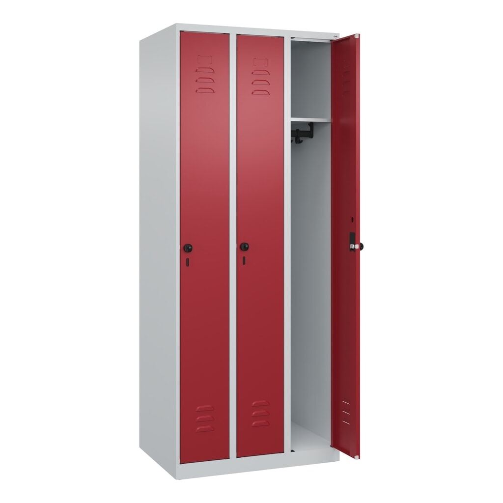 C+P Spind Classic PLUS, 3 Abteile, HxBxT 1.850 x 750 x 500 mm, lichtgrau, rubinrot, für Vorhängeschloss, ohne Mitteltrennwand Produktabbildung Nr. 1: C+P Spind Classic PLUS, 3 Abteile, HxBxT 1.850 x 750 x 500 mm, lichtgrau, rubinrot, für Vorhängeschloss, ohne Mitteltrennwand