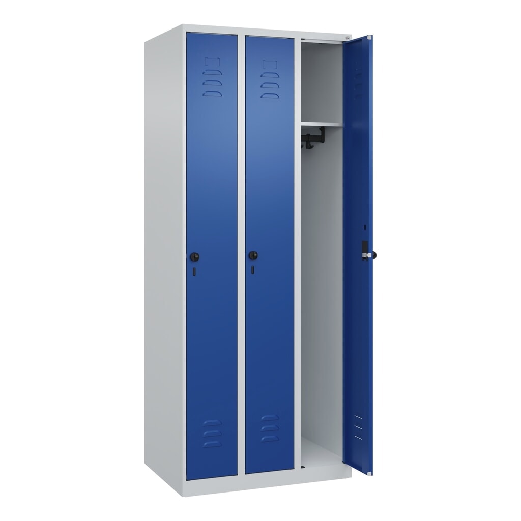 C+P Spind Classic PLUS, 3 Abteile, HxBxT 1.850 x 750 x 500 mm, lichtgrau, enzianblau, für Vorhängeschloss, ohne Mitteltrennwand Produktabbildung Nr. 1: C+P Spind Classic PLUS, 3 Abteile, HxBxT 1.850 x 750 x 500 mm, lichtgrau, enzianblau, für Vorhängeschloss, ohne Mitteltrennwand