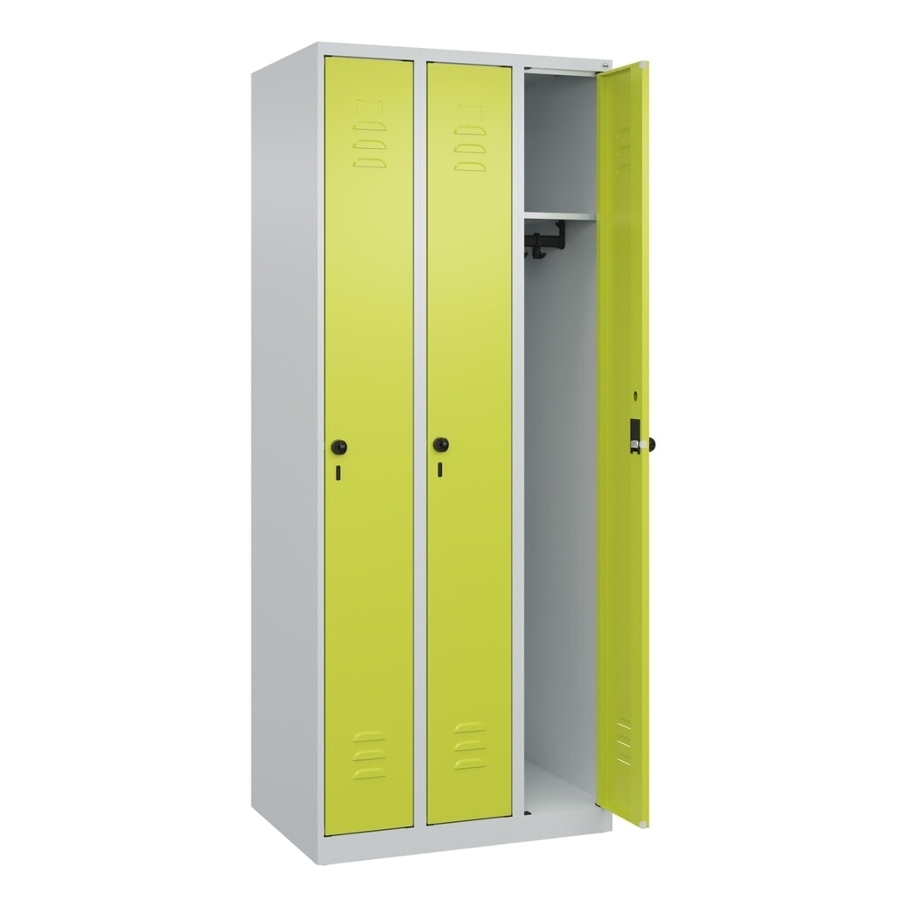 Produktabbildung Nr. 1: C+P Spind Classic PLUS, 3 Abteile, HxBxT 1.850 x 750 x 500 mm, lichtgrau, clowngrün, für Vorhängeschloss, ohne Mitteltrennwand
