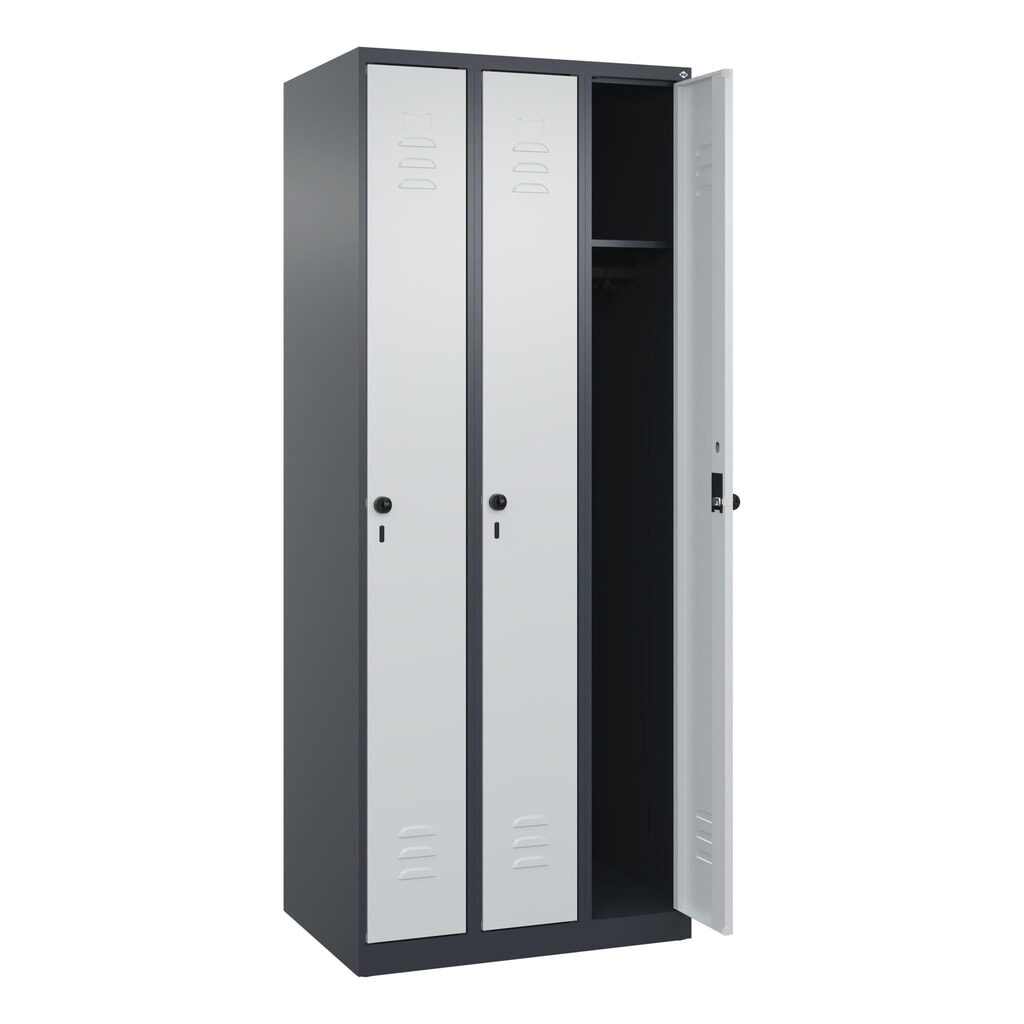 C+P Spind Classic PLUS, 3 Abteile, HxBxT 1.850 x 750 x 500 mm, anthrazitgrau, lichtgrau, für Vorhängeschloss, ohne Mitteltrennwand Produktabbildung Nr. 1: C+P Spind Classic PLUS, 3 Abteile, HxBxT 1.850 x 750 x 500 mm, anthrazitgrau, lichtgrau, für Vorhängeschloss, ohne Mitteltrennwand