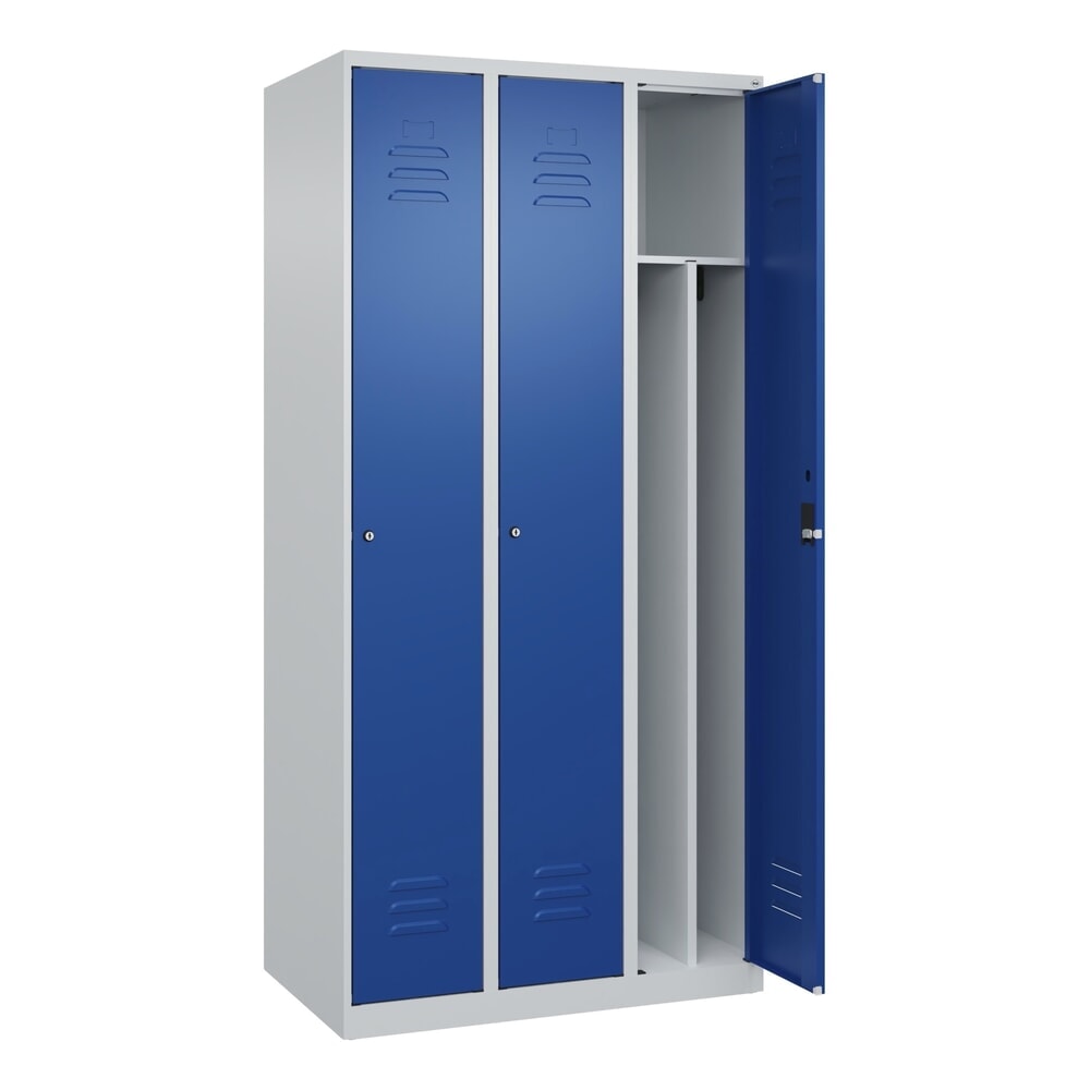 Produktabbildung: C+P Spind Classic PLUS, 3 Abteile, HxBxT 1.850 x 900 x 500 mm, lichtgrau, enzianblau, Zylinderschloss, mit Mitteltrennwand