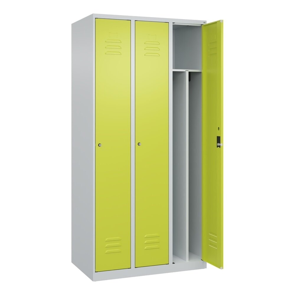 Produktabbildung: C+P Spind Classic PLUS, 3 Abteile, HxBxT 1.850 x 900 x 500 mm, lichtgrau, clowngrün, Zylinderschloss, mit Mitteltrennwand