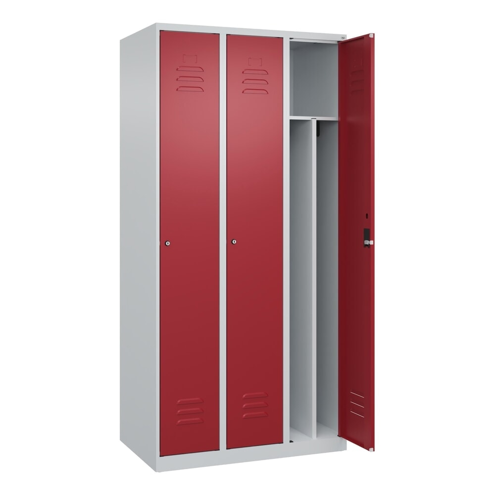 Produktabbildung: C+P Spind Classic PLUS, 3 Abteile, HxBxT 1.850 x 900 x 500 mm, lichtgrau, rubinrot, Zylinderschloss, mit Mitteltrennwand
