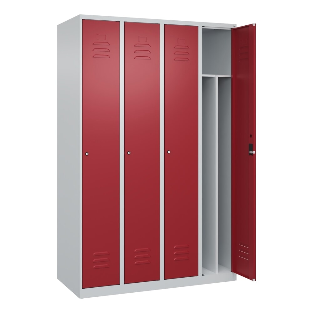 Produktabbildung: C+P Spind Classic PLUS, 4 Abteile, HxBxT 1.850 x 1.200 x 500 mm, lichtgrau, rubinrot, Zylinderschloss, mit Mitteltrennwand