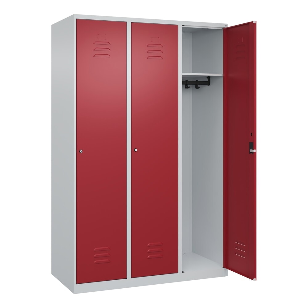 Produktabbildung: C+P Spind Classic PLUS, 3 Abteile, HxBxT 1.850 x 1.200 x 500 mm, lichtgrau, rubinrot, Zylinderschloss, ohne Mitteltrennwand