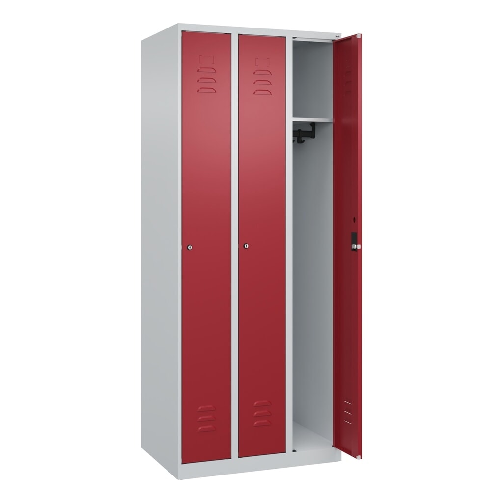 C+P Spind Classic PLUS, 3 Abteile, HxBxT 1.850 x 750 x 500 mm, lichtgrau, rubinrot, Zylinderschloss, ohne Mitteltrennwand Produktabbildung Nr. 1: C+P Spind Classic PLUS, 3 Abteile, HxBxT 1.850 x 750 x 500 mm, lichtgrau, rubinrot, Zylinderschloss, ohne Mitteltrennwand