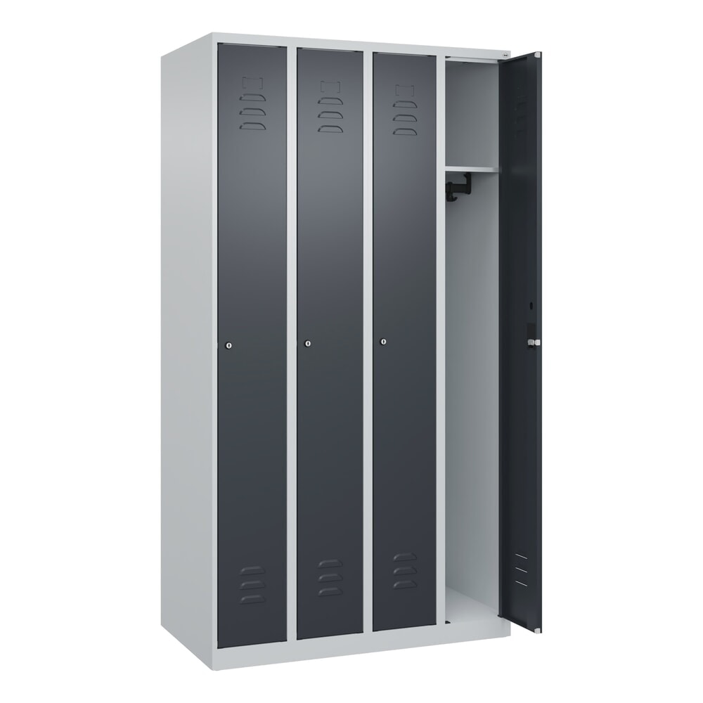 C+P Spind Classic PLUS, 4 Abteile, HxBxT 1.850 x 1.000 x 500 mm, lichtgrau, anthrazitgrau, Zylinderschloss, ohne Mitteltrennwand Produktabbildung: C+P Spind Classic PLUS, 4 Abteile, HxBxT 1.850 x 1.000 x 500 mm, lichtgrau, anthrazitgrau, Zylinderschloss, ohne Mitteltrennwand
