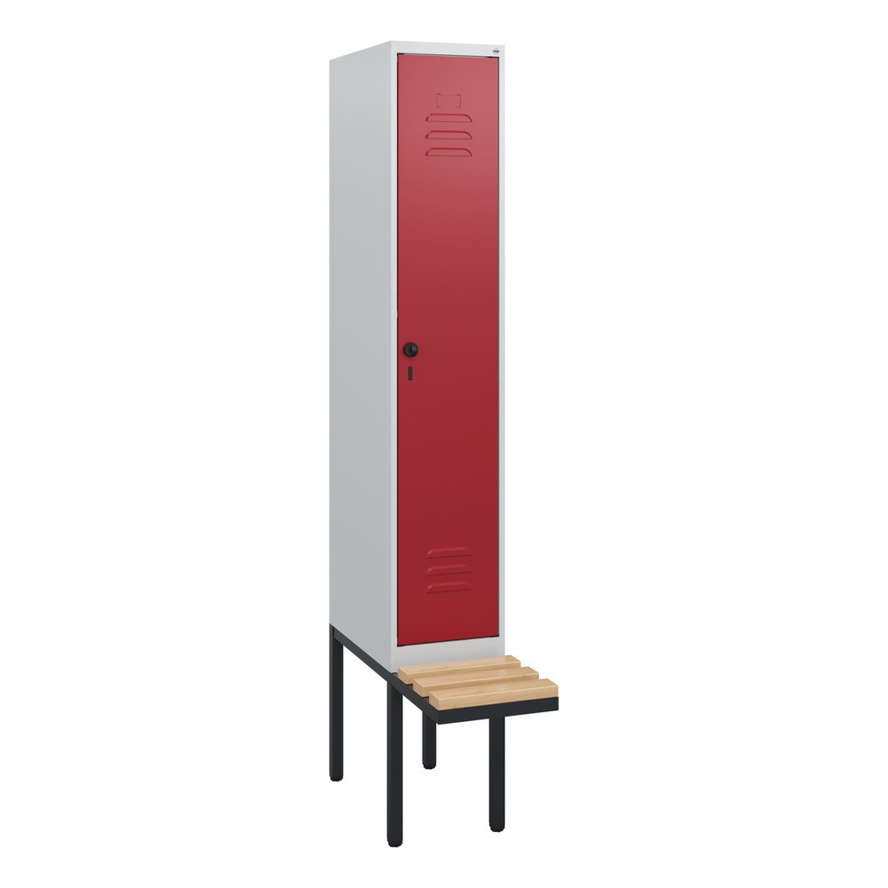 Produktabbildung: C+P Spind Classic PLUS, 1 Abteil, HxBxT 1.950 x 300 x 815 mm, für Vorhängeschloss, auskragende Bank aus Buche, lichtgrau, rubinrot