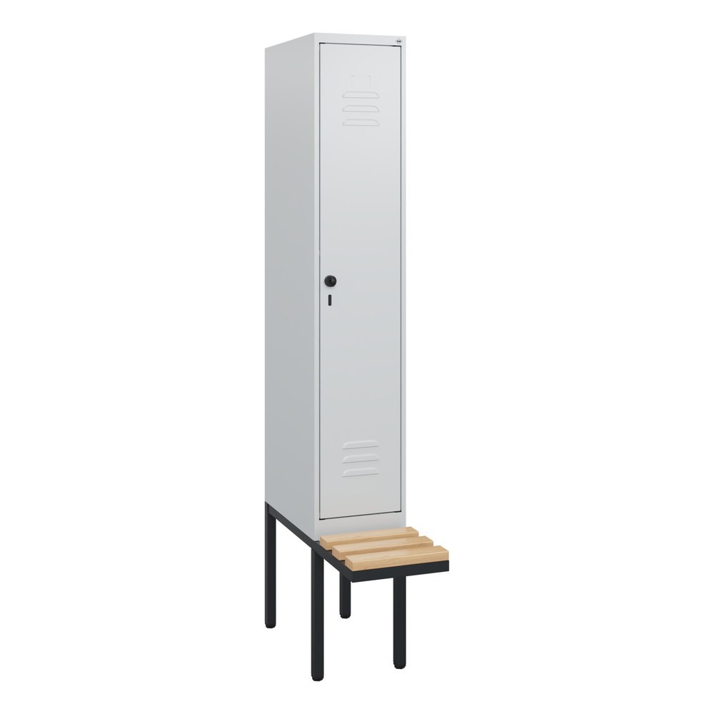 Produktabbildung: C+P Spind Classic PLUS, 1 Abteil, HxBxT 1.950 x 300 x 815 mm, für Vorhängeschloss, auskragende Bank aus Buche, lichtgrau, lichtgrau
