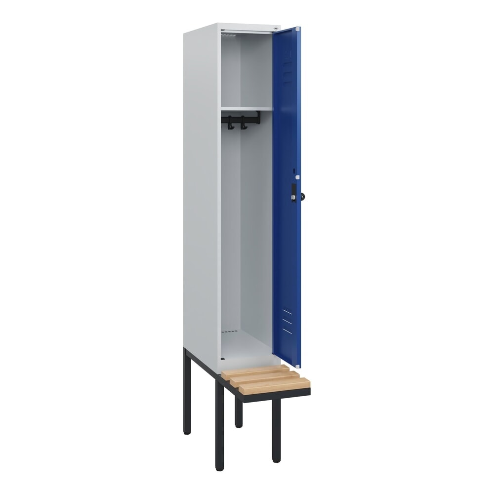 C+P Spind Classic PLUS, 1 Abteil, HxBxT 1.950 x 300 x 815 mm, für Vorhängeschloss, auskragende Bank aus Buche, lichtgrau, enzianblau Produktabbildung Nr. 1: C+P Spind Classic PLUS, 1 Abteil, HxBxT 1.950 x 300 x 815 mm, für Vorhängeschloss, auskragende Bank aus Buche, lichtgrau, enzianblau