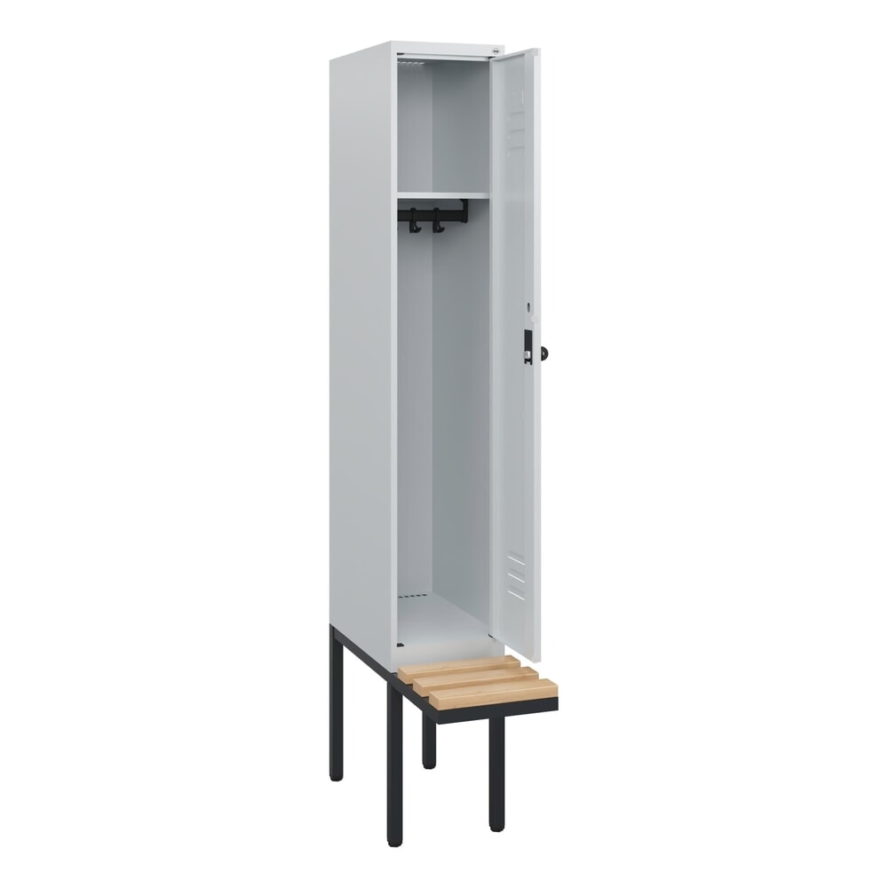 C+P Spind Classic PLUS, 1 Abteil, HxBxT 1.950 x 300 x 815 mm, für Vorhängeschloss, auskragende Bank aus Buche, lichtgrau, lichtgrau Produktabbildung: C+P Spind Classic PLUS, 1 Abteil, HxBxT 1.950 x 300 x 815 mm, für Vorhängeschloss, auskragende Bank aus Buche, lichtgrau, lichtgrau