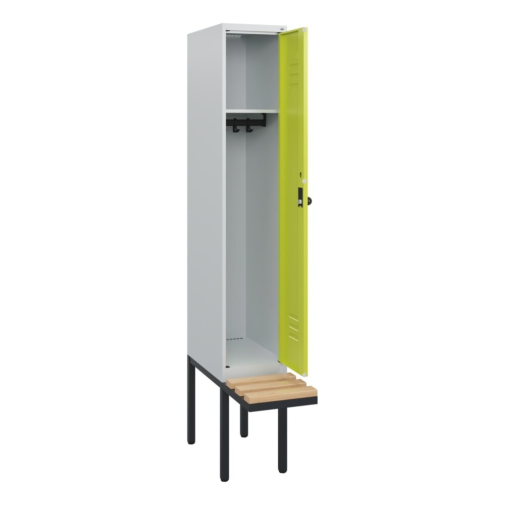 C+P Spind Classic PLUS, 1 Abteil, HxBxT 1.950 x 300 x 815 mm, für Vorhängeschloss, auskragende Bank aus Buche, lichtgrau, clowngrün Produktabbildung Nr. 1: C+P Spind Classic PLUS, 1 Abteil, HxBxT 1.950 x 300 x 815 mm, für Vorhängeschloss, auskragende Bank aus Buche, lichtgrau, clowngrün