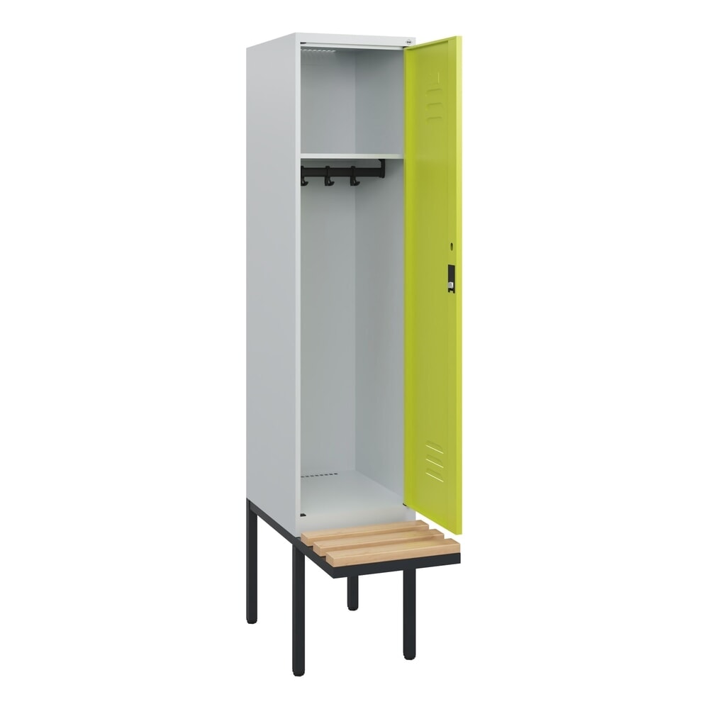 C+P Spind Classic PLUS, 1 Abteil, HxBxT 1.950 x 400 x 815 mm, für Vorhängeschloss, auskragende Bank aus Buche, lichtgrau, clowngrün Produktabbildung Nr. 1: C+P Spind Classic PLUS, 1 Abteil, HxBxT 1.950 x 400 x 815 mm, für Vorhängeschloss, auskragende Bank aus Buche, lichtgrau, clowngrün