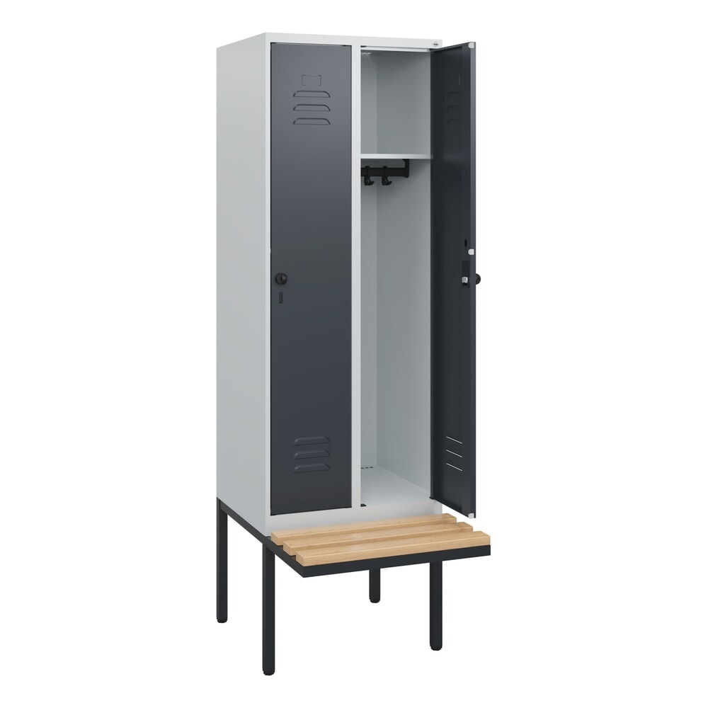 C+P Spind Classic PLUS, 2 Abteile, HxBxT 1.950 x 600 x 815 mm, für Vorhängeschloss, auskragende Bank aus Buche, lichtgrau, anthrazitgrau Produktabbildung: C+P Spind Classic PLUS, 2 Abteile, HxBxT 1.950 x 600 x 815 mm, für Vorhängeschloss, auskragende Bank aus Buche, lichtgrau, anthrazitgrau