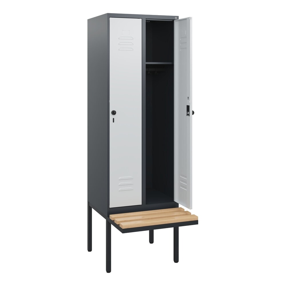 C+P Spind Classic PLUS, 2 Abteile, HxBxT 1.950 x 600 x 815 mm, für Vorhängeschloss, auskragende Bank aus Buche, anthrazitgrau, lichtgrau Produktabbildung: C+P Spind Classic PLUS, 2 Abteile, HxBxT 1.950 x 600 x 815 mm, für Vorhängeschloss, auskragende Bank aus Buche, anthrazitgrau, lichtgrau