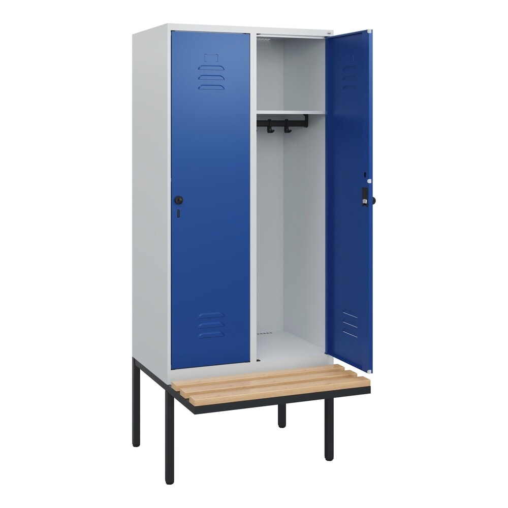 C+P Spind Classic PLUS, 2 Abteile, HxBxT 1.950 x 800 x 815 mm, für Vorhängeschloss, auskragende Bank aus Buche, lichtgrau, enzianblau Produktabbildung Nr. 1: C+P Spind Classic PLUS, 2 Abteile, HxBxT 1.950 x 800 x 815 mm, für Vorhängeschloss, auskragende Bank aus Buche, lichtgrau, enzianblau