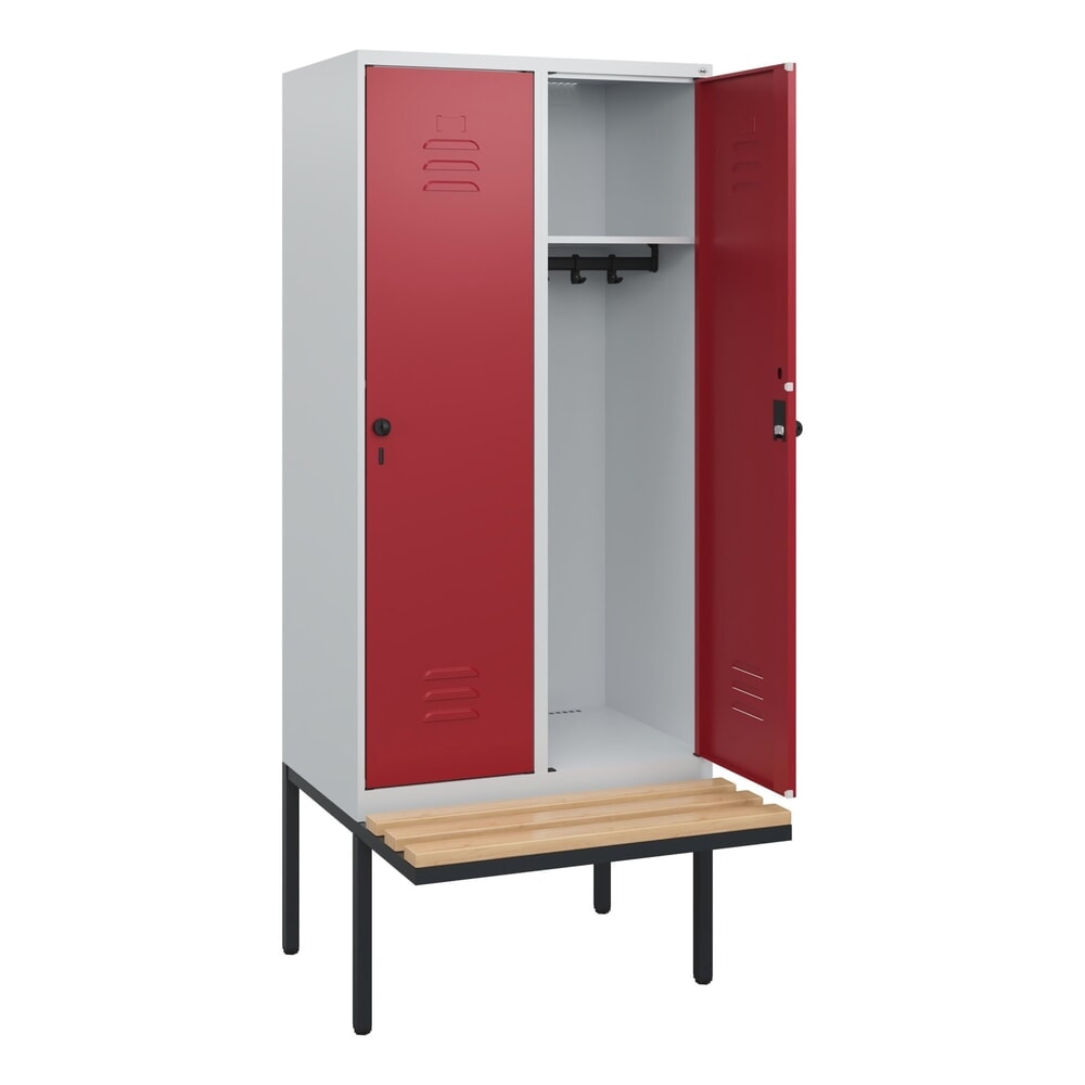 Produktabbildung: C+P Spind Classic PLUS, 2 Abteile, HxBxT 1.950 x 800 x 815 mm, für Vorhängeschloss, auskragende Bank aus Buche, lichtgrau, rubinrot