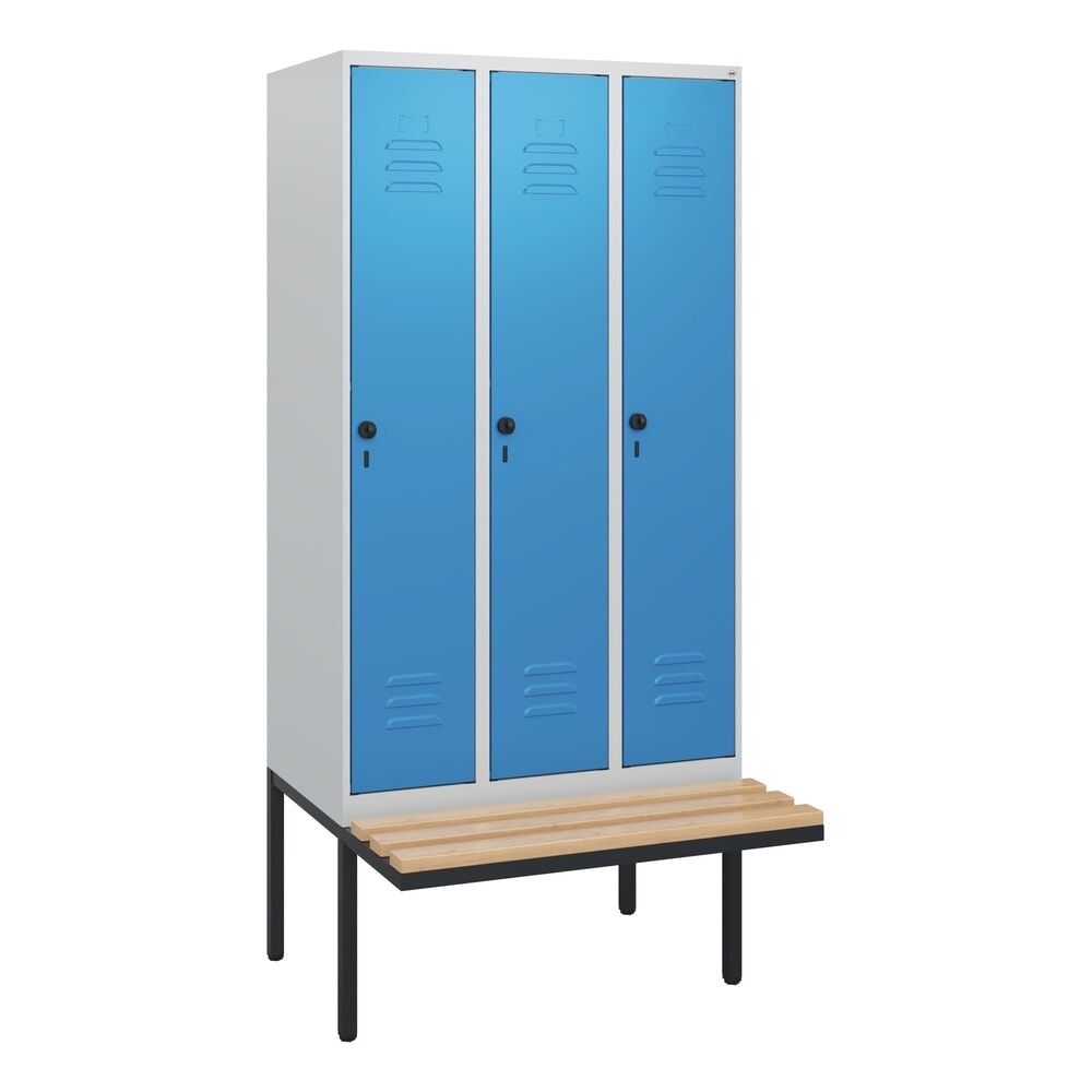 Produktabbildung Nr. 9: C+P Spind Classic PLUS, 3 Abteile, HxBxT 1.950 x 900 x 815 mm, für Vorhängeschloss, auskragende Bank aus Buche, lichtgrau, lichtblau