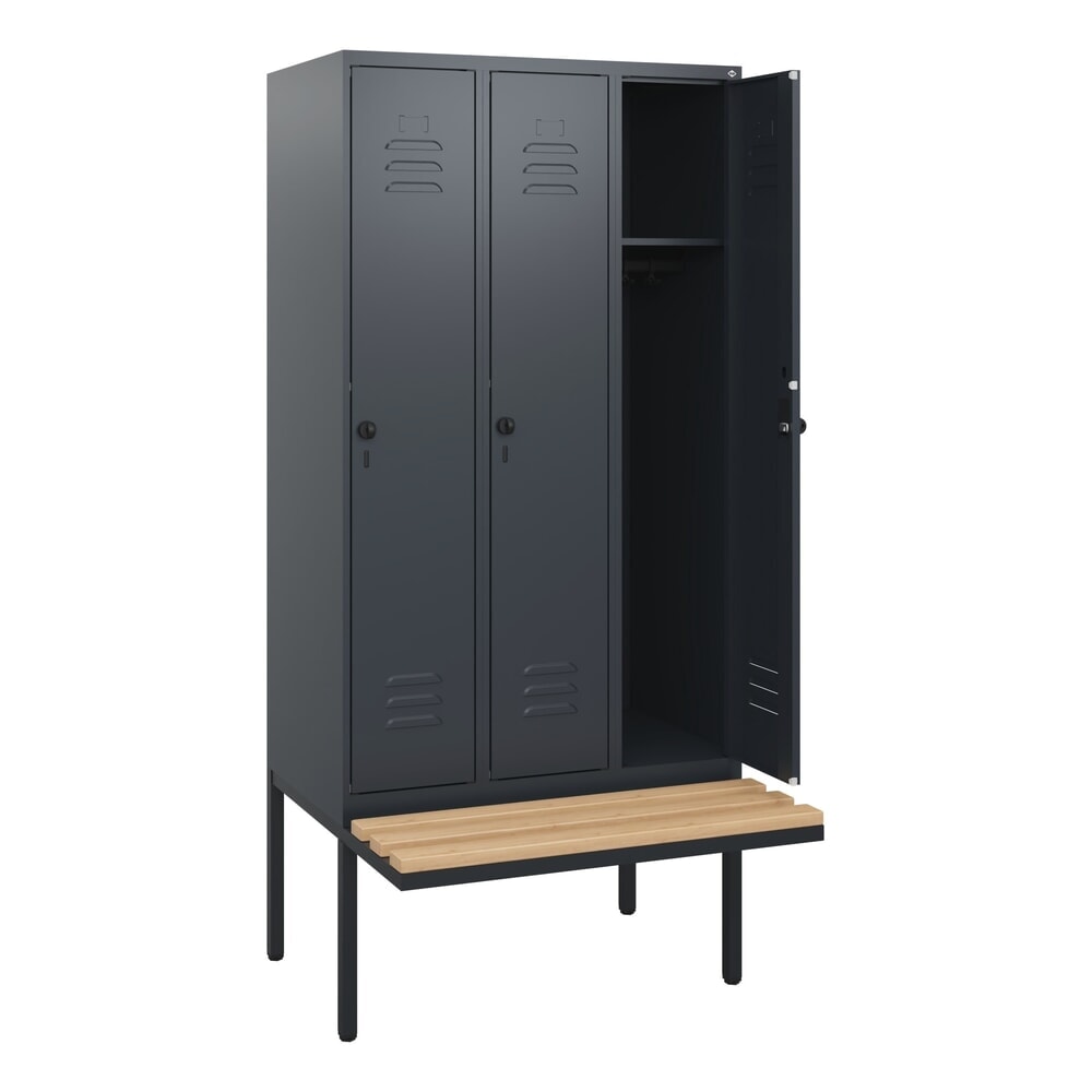 Produktabbildung: C+P Spind Classic PLUS, 3 Abteile, HxBxT 1.950 x 900 x 815 mm, für Vorhängeschloss, auskragende Bank aus Buche, anthrazitgrau, anthrazitgrau