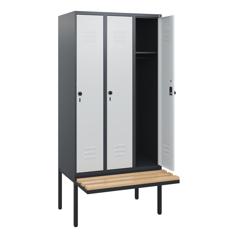Produktabbildung: C+P Spind Classic PLUS, 3 Abteile, HxBxT 1.950 x 900 x 815 mm, für Vorhängeschloss, auskragende Bank aus Buche, anthrazitgrau, lichtgrau