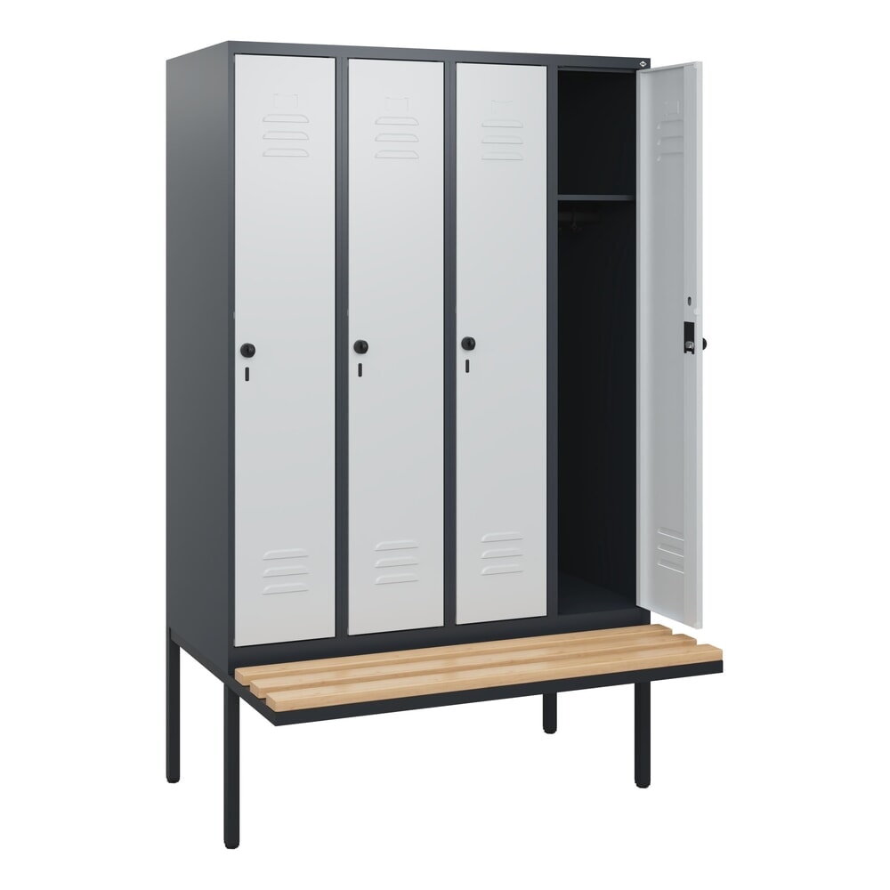 Produktabbildung: C+P Spind Classic PLUS, 4 Abteile, HxBxT 1.950 x 1.200 x 815 mm, für Vorhängeschloss, auskragende Bank aus Buche, anthrazitgrau, lichtgrau