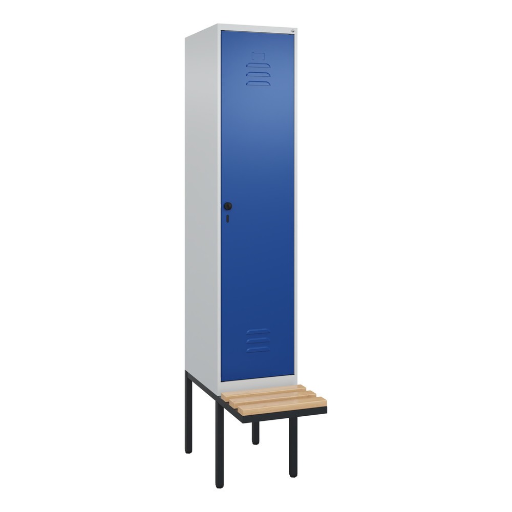 Produktabbildung: C+P Spind Classic PLUS, 1 Abteil, HxBxT 2.120 x 400 x 815 mm, für Vorhängeschloss, auskragende Bank aus Buche, lichtgrau, enzianblau