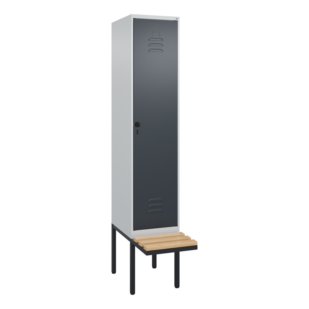 Produktabbildung: C+P Spind Classic PLUS, 1 Abteil, HxBxT 2.120 x 400 x 815 mm, für Vorhängeschloss, auskragende Bank aus Buche, lichtgrau, anthrazitgrau