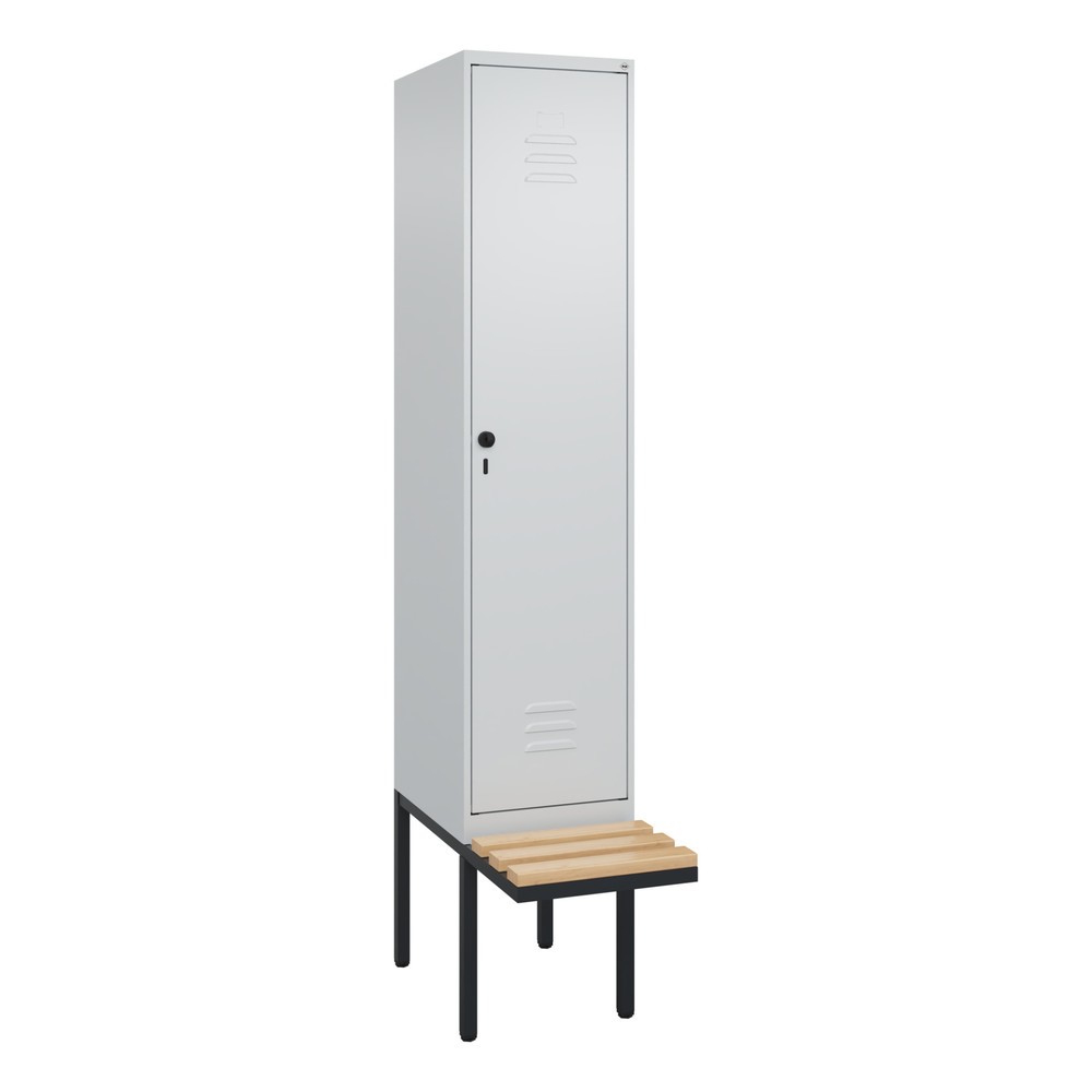 Produktabbildung: C+P Spind Classic PLUS, 1 Abteil, HxBxT 2.120 x 400 x 815 mm, für Vorhängeschloss, auskragende Bank aus Buche, lichtgrau, lichtgrau