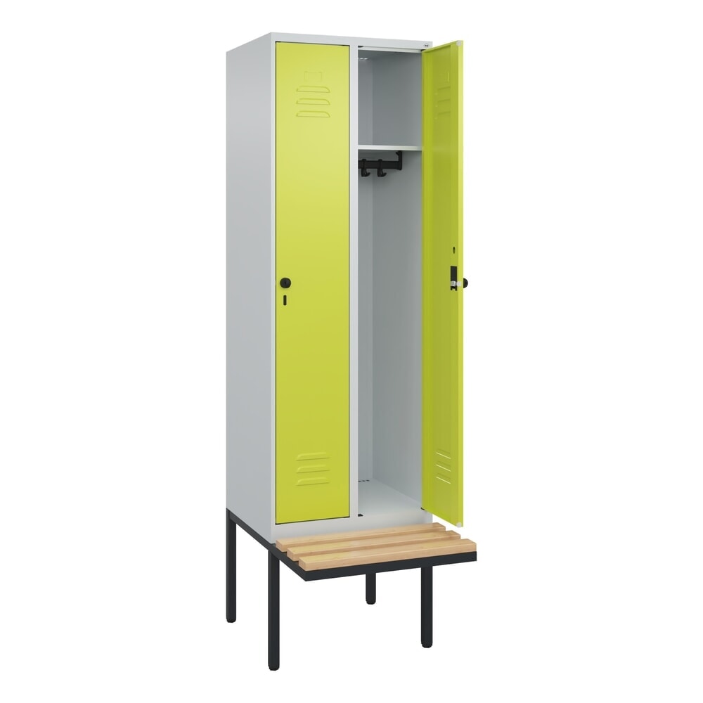 C+P Spind Classic PLUS, 2 Abteile, HxBxT 2.120 x 600 x 815 mm, für Vorhängeschloss, auskragende Bank aus Buche, lichtgrau, clowngrün Produktabbildung: C+P Spind Classic PLUS, 2 Abteile, HxBxT 2.120 x 600 x 815 mm, für Vorhängeschloss, auskragende Bank aus Buche, lichtgrau, clowngrün