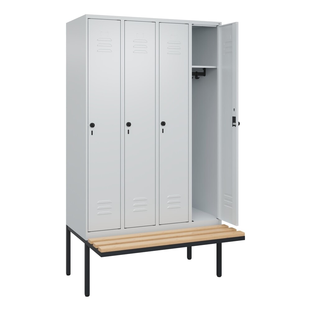 Produktabbildung: C+P Spind Classic PLUS, 4 Abteile, HxBxT 2.120 x 1.200 x 815 mm, für Vorhängeschloss, auskragende Bank aus Buche, lichtgrau, lichtgrau