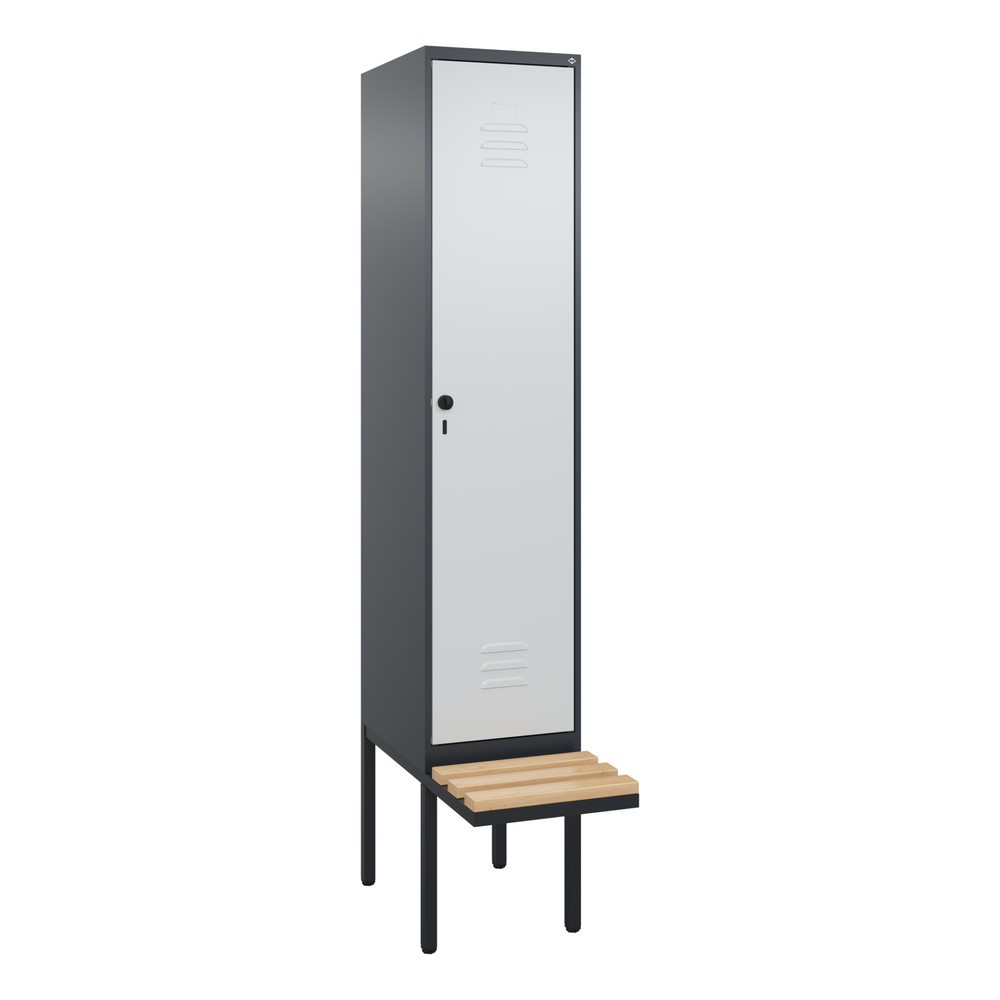 Produktabbildung: C+P Spind Classic PLUS, 1 Abteil, Trennwand, HxBxT 2.120 x 400 x 815 mm, für Vorhängeschloss, auskragende Bank aus Buche, anthrazitgrau, lichtgrau