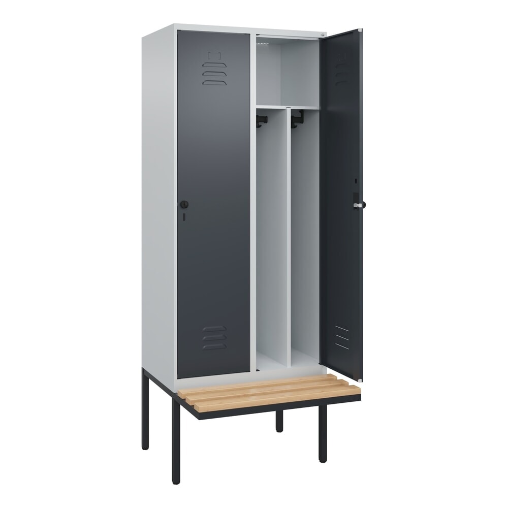 Produktabbildung: C+P Spind Classic PLUS, 2 Abteile, Trennwand, HxBxT 2.120 x 800 x 815 mm, für Vorhängeschloss, auskragende Bank aus Buche, lichtgrau, anthrazitgrau