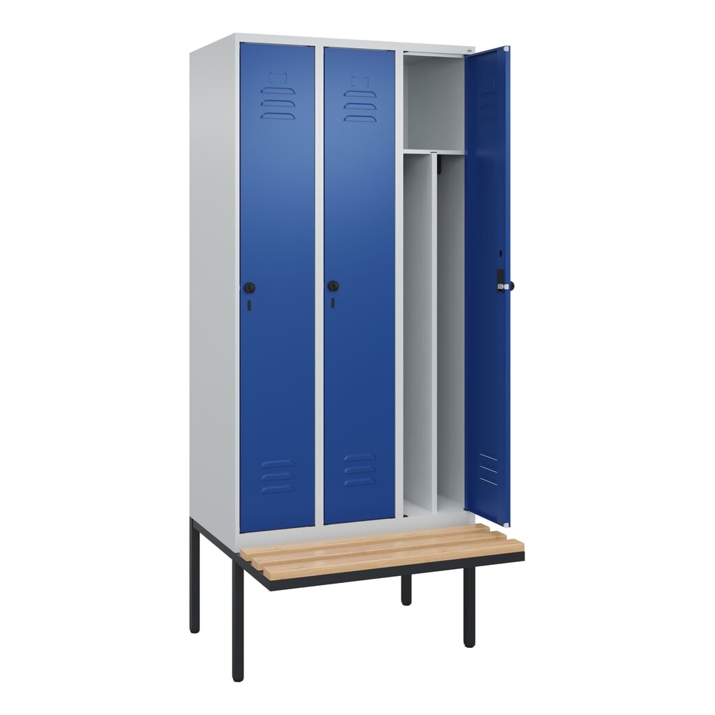 Produktabbildung Nr. 1: C+P Spind Classic PLUS, 3 Abteile, Trennwand, HxBxT 2.120 x 900 x 815 mm, für Vorhängeschloss, auskragende Bank aus Buche, lichtgrau, enzianblau