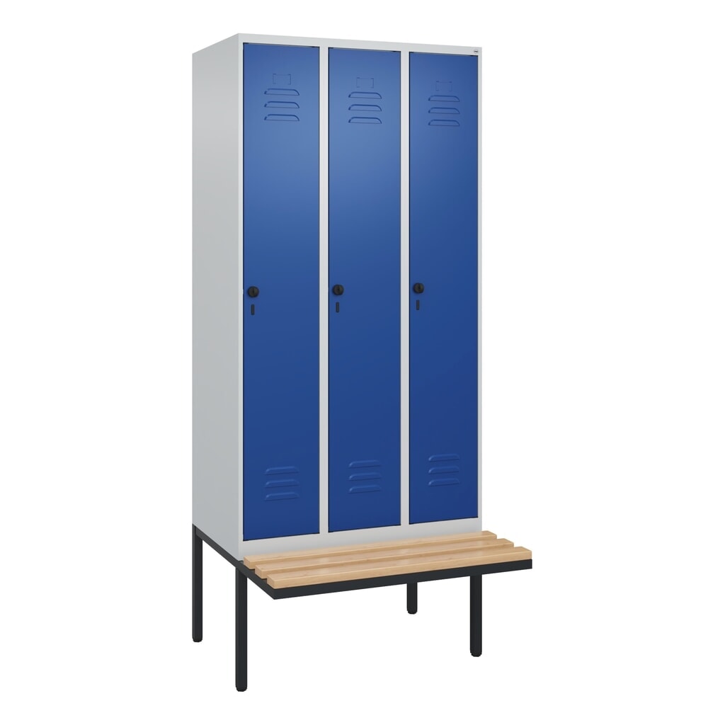 C+P Spind Classic PLUS, 3 Abteile, Trennwand, HxBxT 2.120 x 900 x 815 mm, für Vorhängeschloss, auskragende Bank aus Buche, lichtgrau, enzianblau Produktabbildung Nr. 8: C+P Spind Classic PLUS, 3 Abteile, Trennwand, HxBxT 2.120 x 900 x 815 mm, für Vorhängeschloss, auskragende Bank aus Buche, lichtgrau, enzianblau