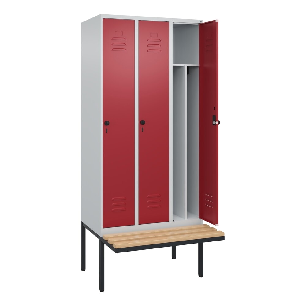 Produktabbildung: C+P Spind Classic PLUS, 3 Abteile, Trennwand, HxBxT 2.120 x 900 x 815 mm, für Vorhängeschloss, auskragende Bank aus Buche, lichtgrau, rubinrot