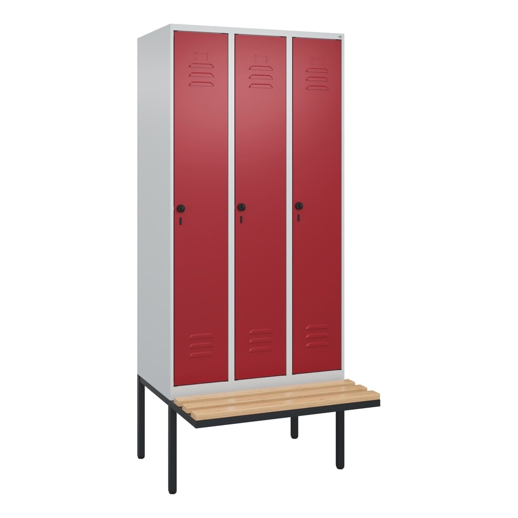 C+P Spind Classic PLUS, 3 Abteile, Trennwand, HxBxT 2.120 x 900 x 815 mm, für Vorhängeschloss, auskragende Bank aus Buche, lichtgrau, rubinrot Produktabbildung Nr. 9: C+P Spind Classic PLUS, 3 Abteile, Trennwand, HxBxT 2.120 x 900 x 815 mm, für Vorhängeschloss, auskragende Bank aus Buche, lichtgrau, rubinrot