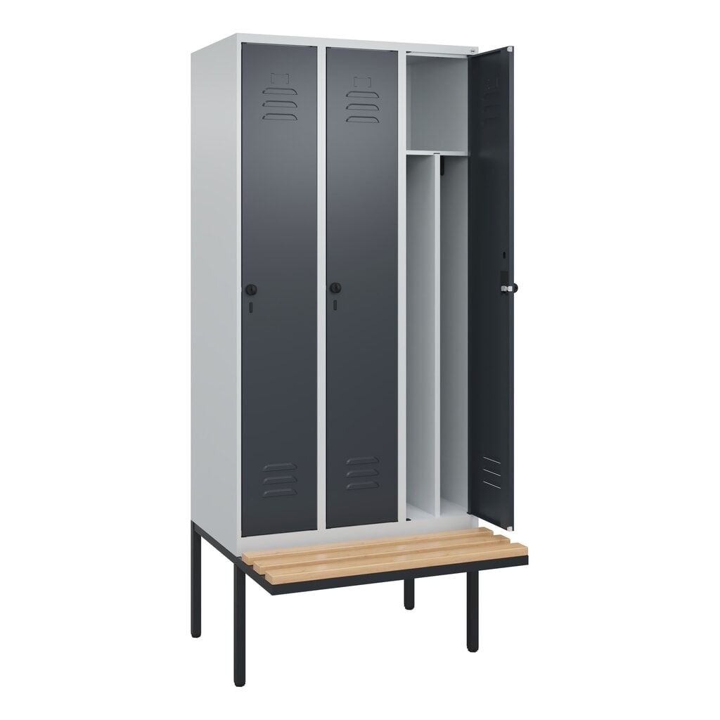 C+P Spind Classic PLUS, 3 Abteile, Trennwand, HxBxT 2.120 x 900 x 815 mm, für Vorhängeschloss, auskragende Bank aus Buche, lichtgrau, anthrazitgrau Produktabbildung Nr. 1: C+P Spind Classic PLUS, 3 Abteile, Trennwand, HxBxT 2.120 x 900 x 815 mm, für Vorhängeschloss, auskragende Bank aus Buche, lichtgrau, anthrazitgrau