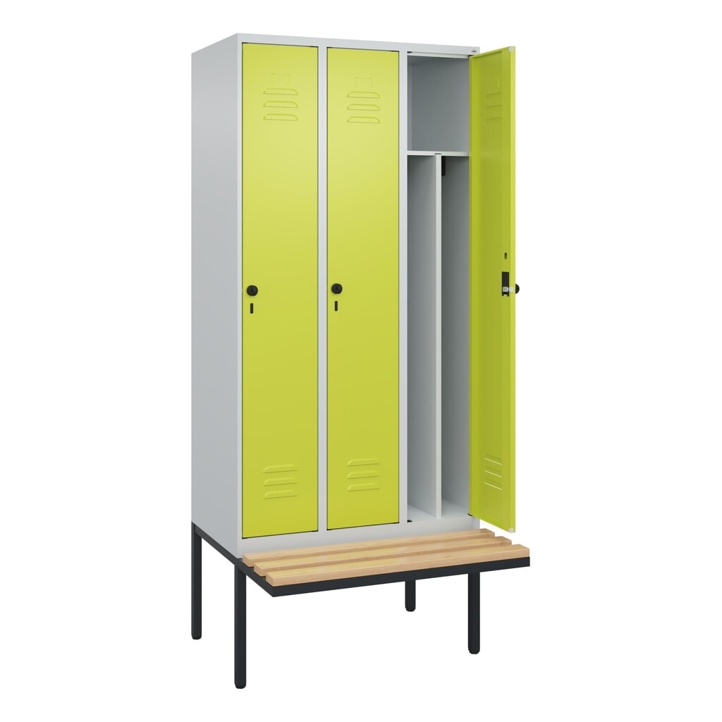 Produktabbildung Nr. 1: C+P Spind Classic PLUS, 3 Abteile, Trennwand, HxBxT 2.120 x 900 x 815 mm, für Vorhängeschloss, auskragende Bank aus Buche, lichtgrau, clowngrün