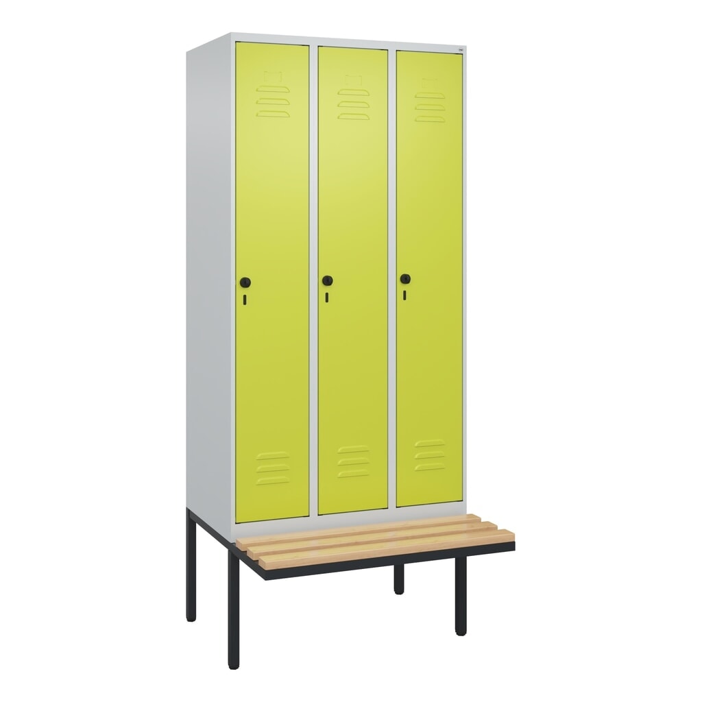 C+P Spind Classic PLUS, 3 Abteile, Trennwand, HxBxT 2.120 x 900 x 815 mm, für Vorhängeschloss, auskragende Bank aus Buche, lichtgrau, clowngrün Produktabbildung Nr. 9: C+P Spind Classic PLUS, 3 Abteile, Trennwand, HxBxT 2.120 x 900 x 815 mm, für Vorhängeschloss, auskragende Bank aus Buche, lichtgrau, clowngrün
