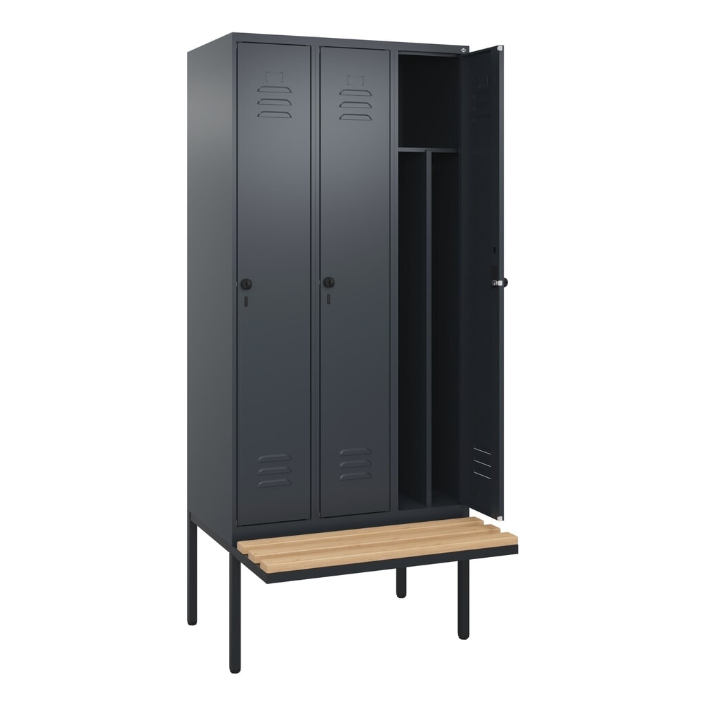 Produktabbildung Nr. 1: C+P Spind Classic PLUS, 3 Abteile, Trennwand, HxBxT 2.120 x 900 x 815 mm, für Vorhängeschloss, auskragende Bank aus Buche, anthrazitgrau, anthrazitgrau