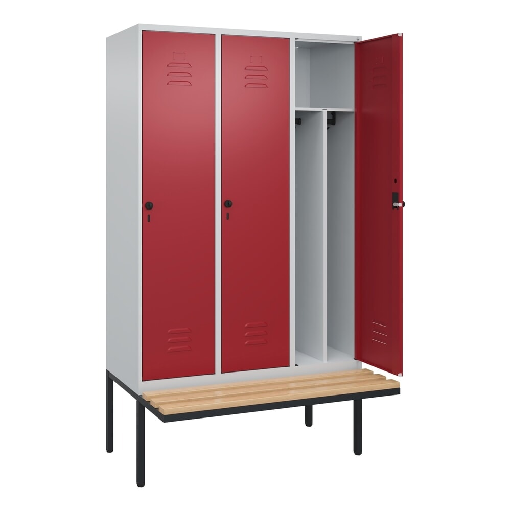 Produktabbildung: C+P Spind Classic PLUS, 3 Abteile, Trennwand, HxBxT 2.120 x 1.200 x 815 mm, für Vorhängeschloss, auskragende Bank aus Buche, lichtgrau, rubinrot